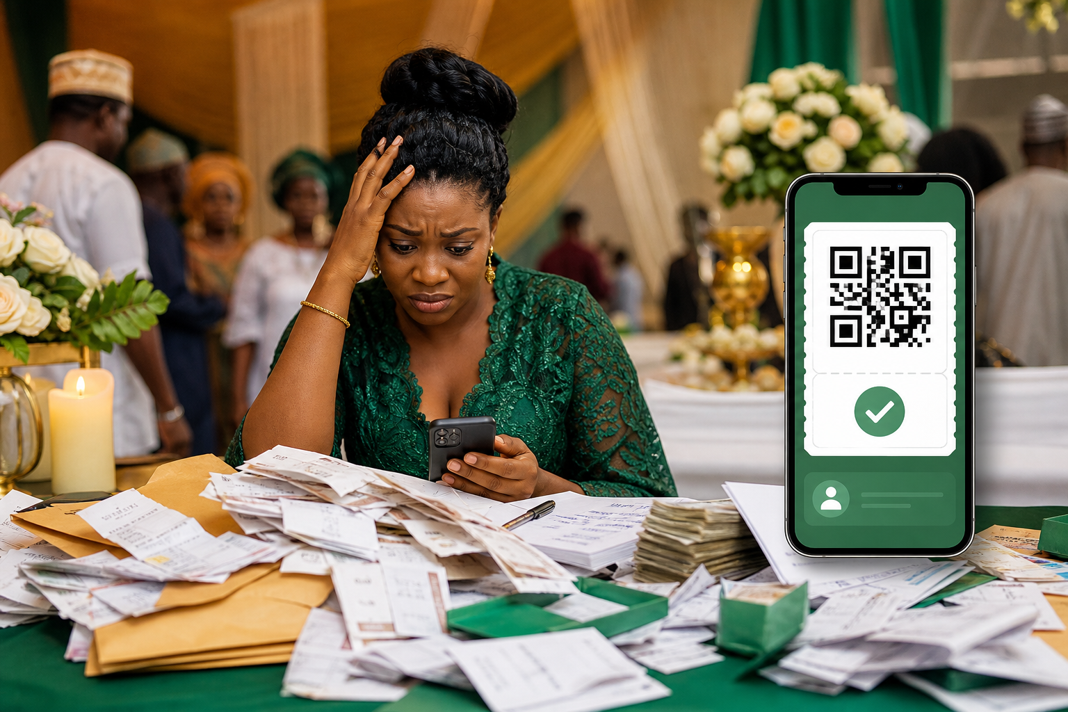 Host drowning in paper tickets and payment screenshots beside a calm digital paid registration QR on a phone